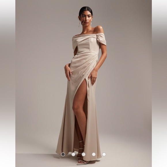 ASOS design bridesmaid satin off the shoulder drape wrap maxi dress in oyster - Picture 2 of 8